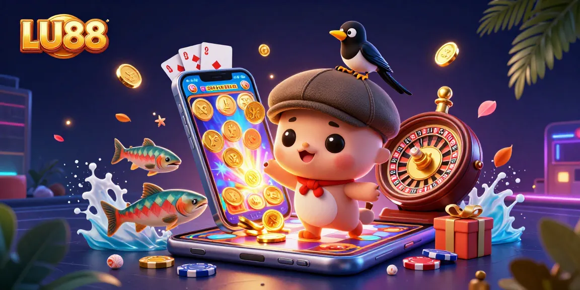 Experience thrilling wins with LU88 in this lively casino scene featuring adorable characters and dynamic game elements.