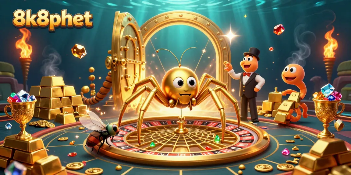 Engage with the 8k8phbet experience as a fly nervously places bets amidst a golden game-themed illustration.
