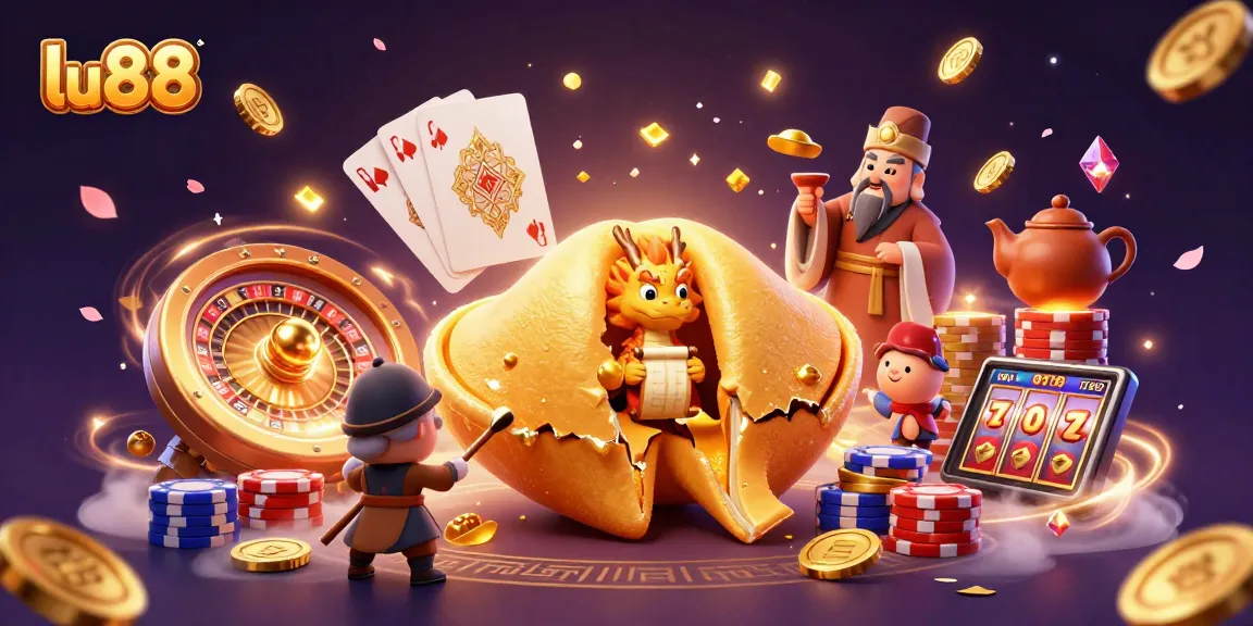Experience immersive gameplay at lu88 with animated fortune cookie and vibrant casino elements.