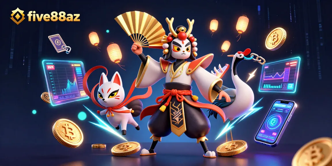 Engage with five88az's captivating casino environment featuring 3D characters and vibrant crypto elements.