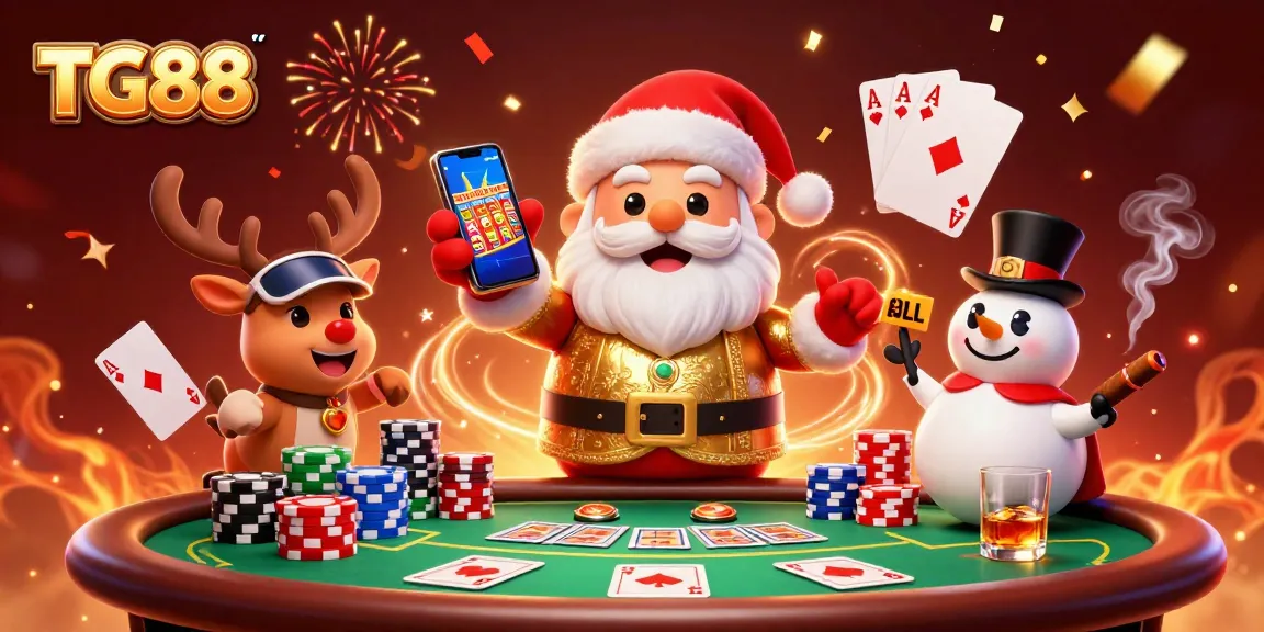 TG88 showcases a vibrant casino scene with Santa, reindeer, and snowman amidst colorful poker table elements.