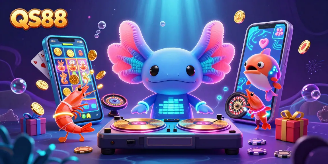 Experience the vibrant QS88 casino world with a lively axolotl DJ and underwater gaming elements.