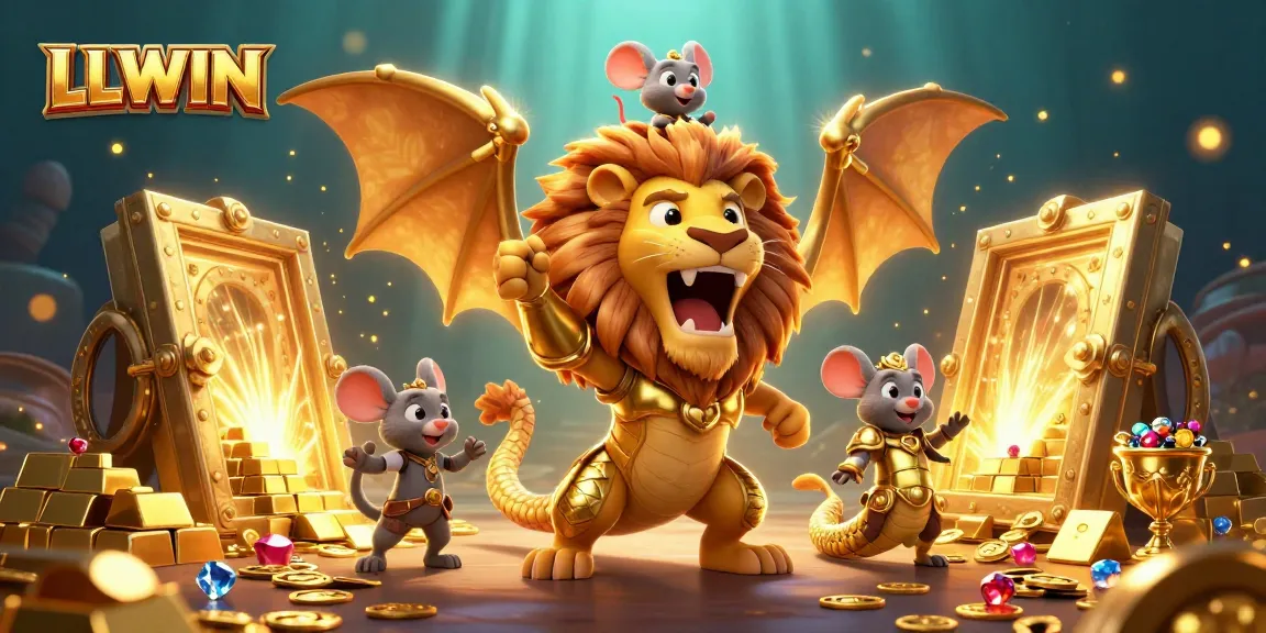 Experience the thrilling adventure of LLWIN with a chimera creature and mouse jockey amidst dazzling treasures.