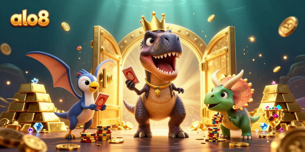 Alo8 features a T-Rex shuffling cards and a baby triceratops stacking chips amidst a treasure-filled casino scene.