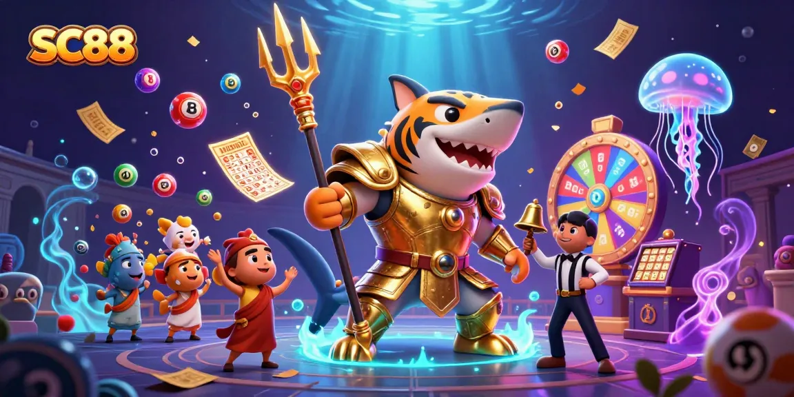 Experience the thrill of SC88 with a dynamic underwater casino scene featuring a tiger shark and lottery elements.