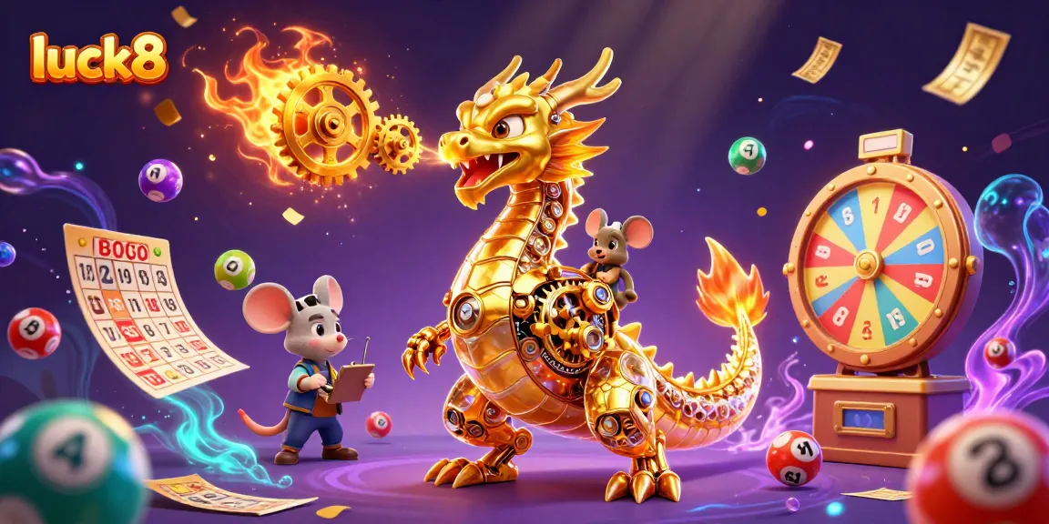 Experience the thrill of luck8 with a golden dragon and vibrant lottery elements adding excitement.