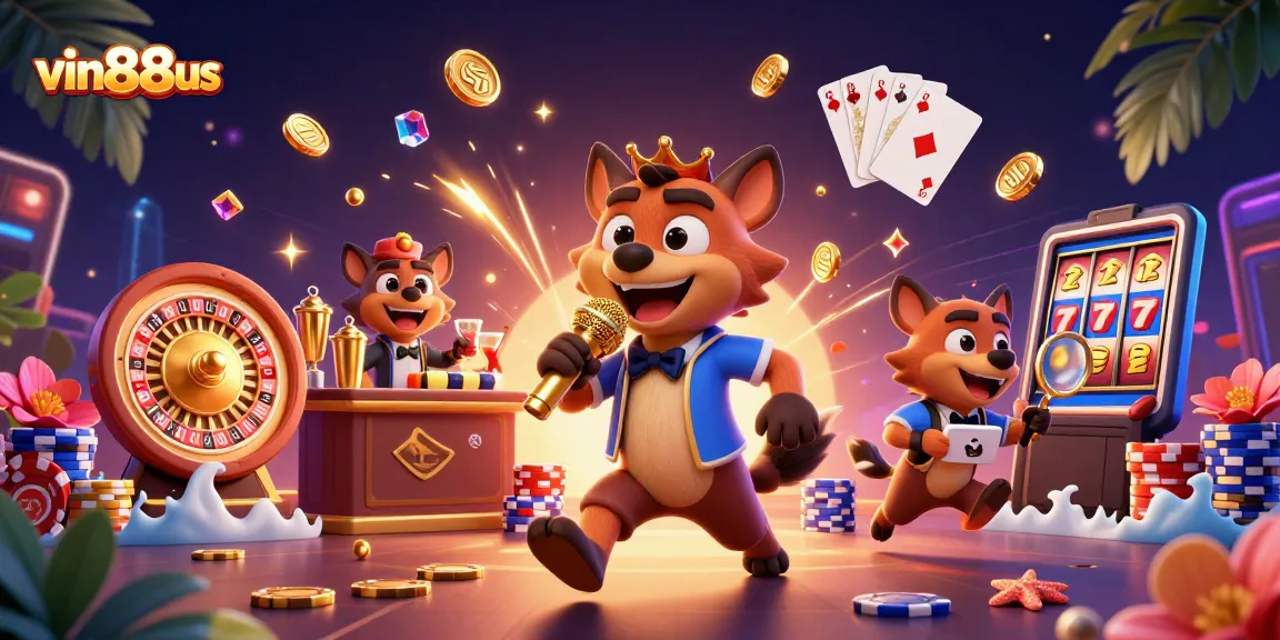 Join vin88us in a lively casino scene with hyenas enjoying gambling and comedy.