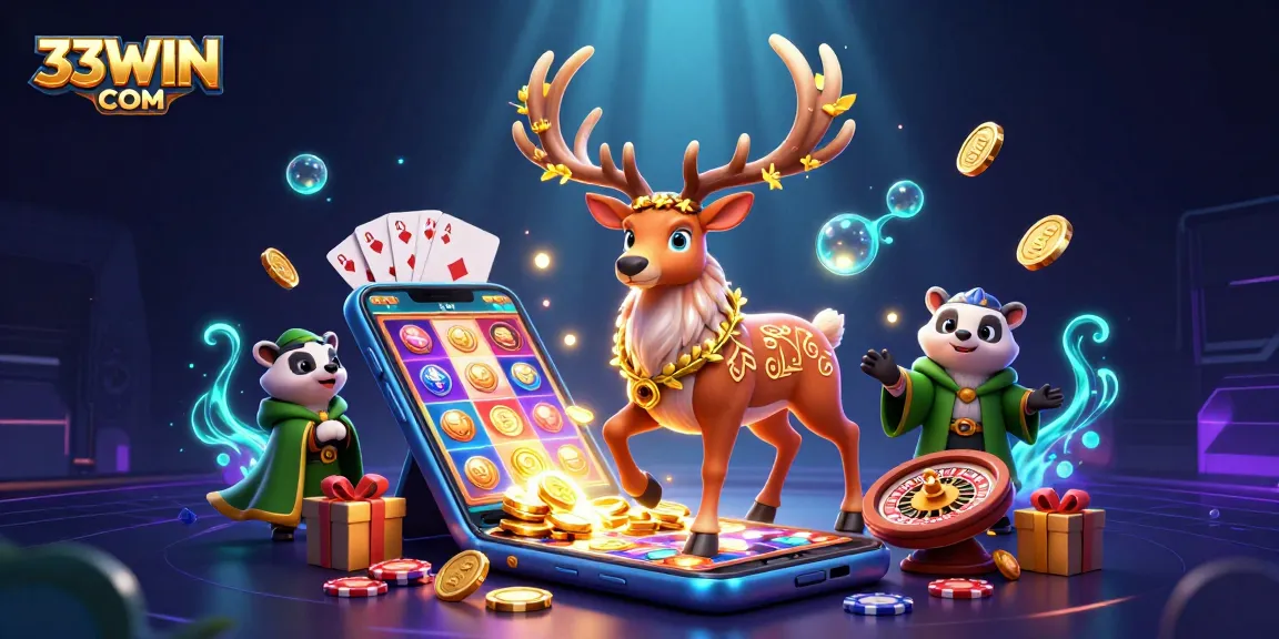 Win big with 33WIN COM as golden coins and slot games illuminate a magical druid scene.