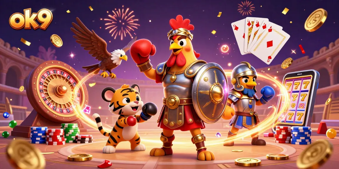 Experience win with ok9 as a gladiator rooster and friends celebrate in a magical casino arena.