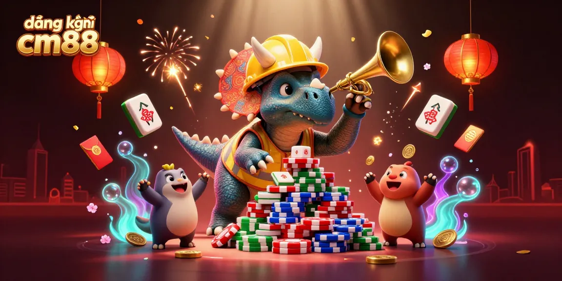 Engage in đăng ký cm88 with festive characters celebrating a vibrant casino scene.