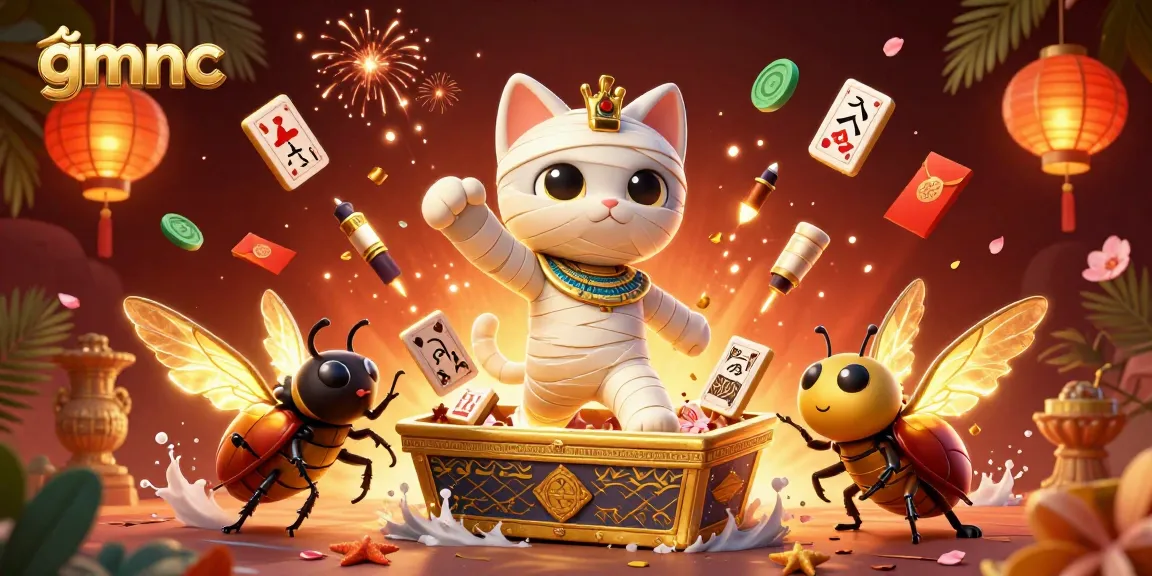 Experience the excitement of gmnc with a vibrant casino scene featuring an Egyptian mummy cat and scarab beetle.