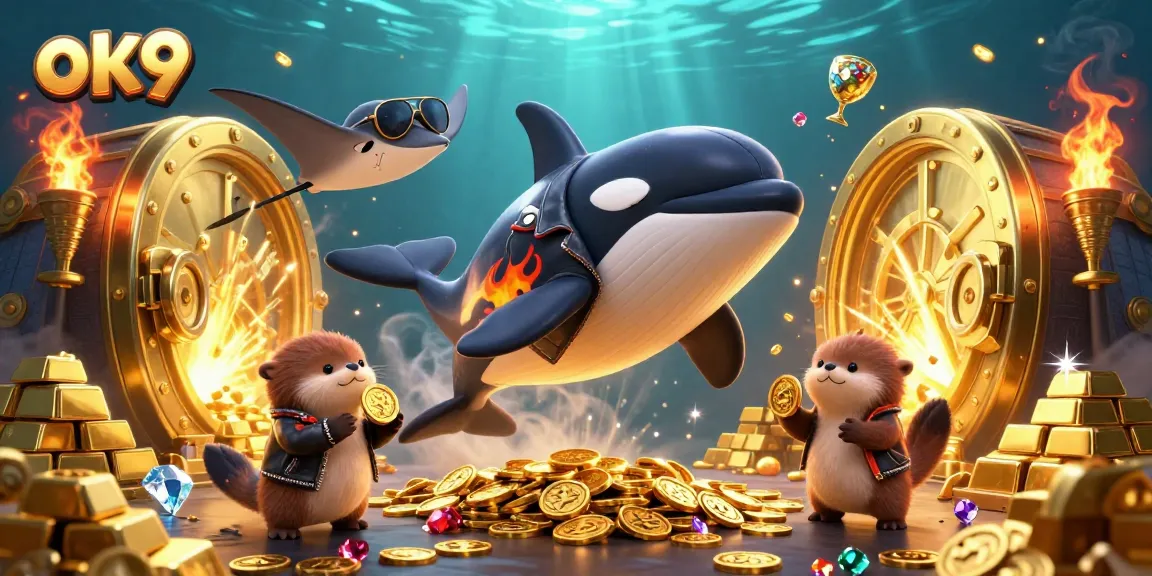 Engage with exciting games at ok9, featuring lively characters celebrating with golden coins.