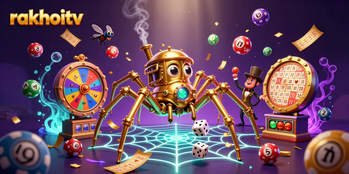 Experience the thrilling action of rakhoitv with our immersive illustration featuring a steampunk spider and dynamic gambling elements.