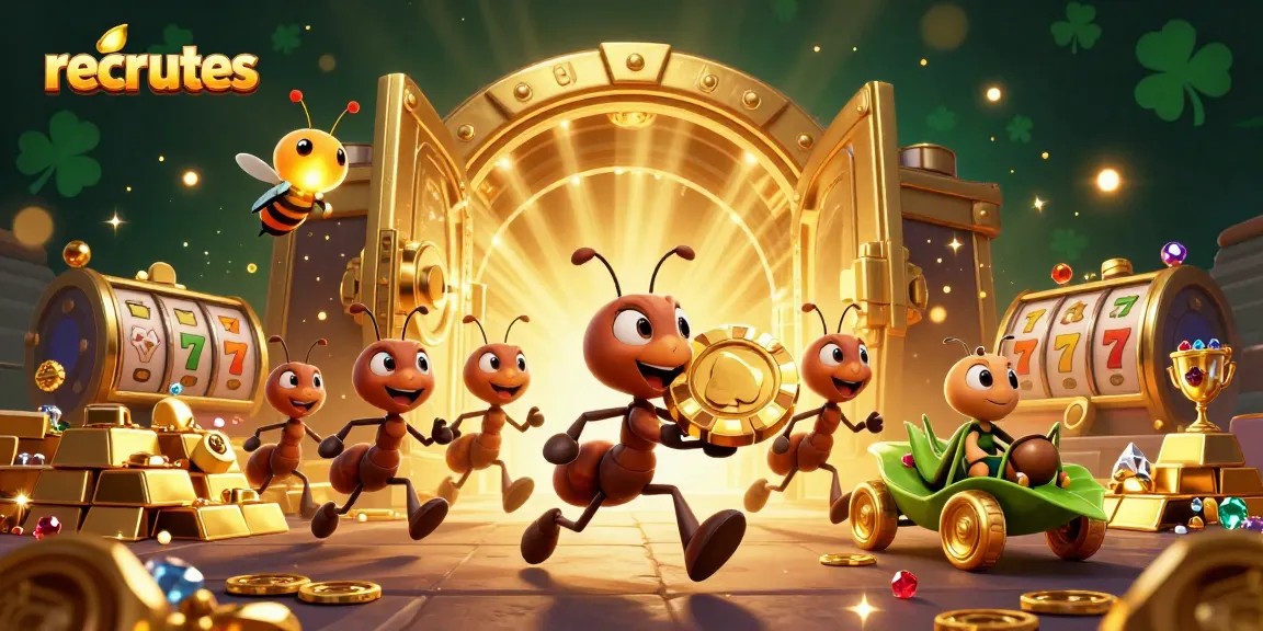 Recrutes ants sprint with a giant poker chip in a vibrant 3D casino heist illustration.